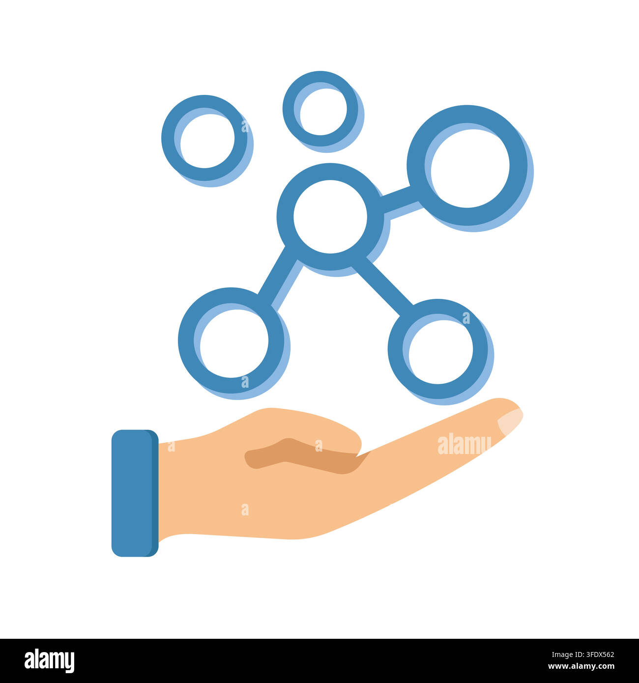 Flat vector illustration of a hand supporting connected blue node circles, symbolizing network sharing, data management, and digital connectivity. Stock Vector