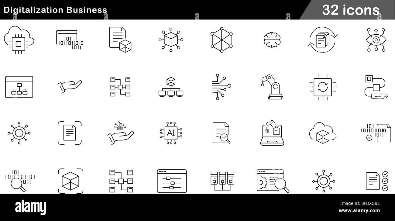 Vector illustration set of 32 digitalization business icons featuring cloud processor, AI chip, binary data, robotic automation, and server network. Stock Vector