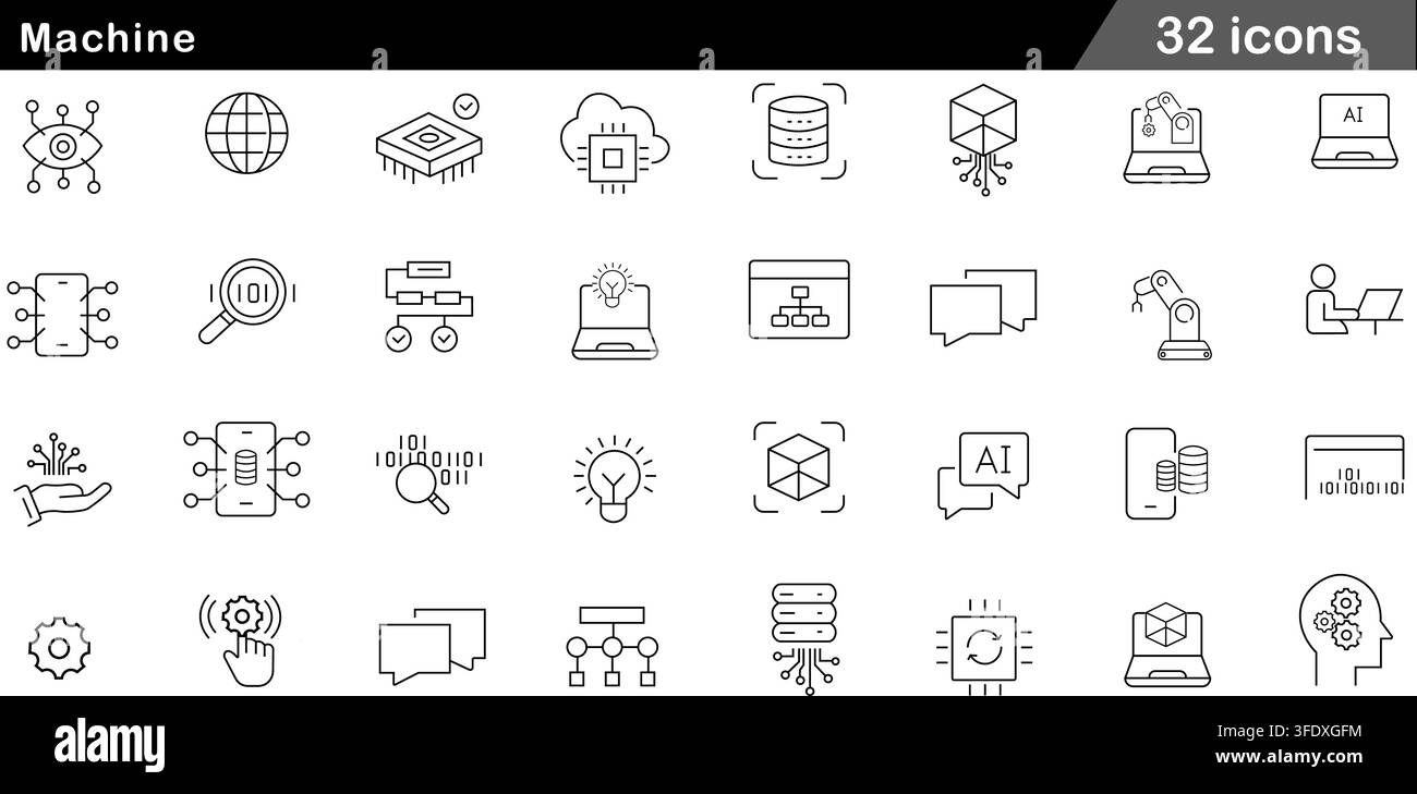 Vector illustration set of 32 machine learning icons featuring AI microchip, robotic arm, cloud database, computer vision, and neural network data. Stock Vector