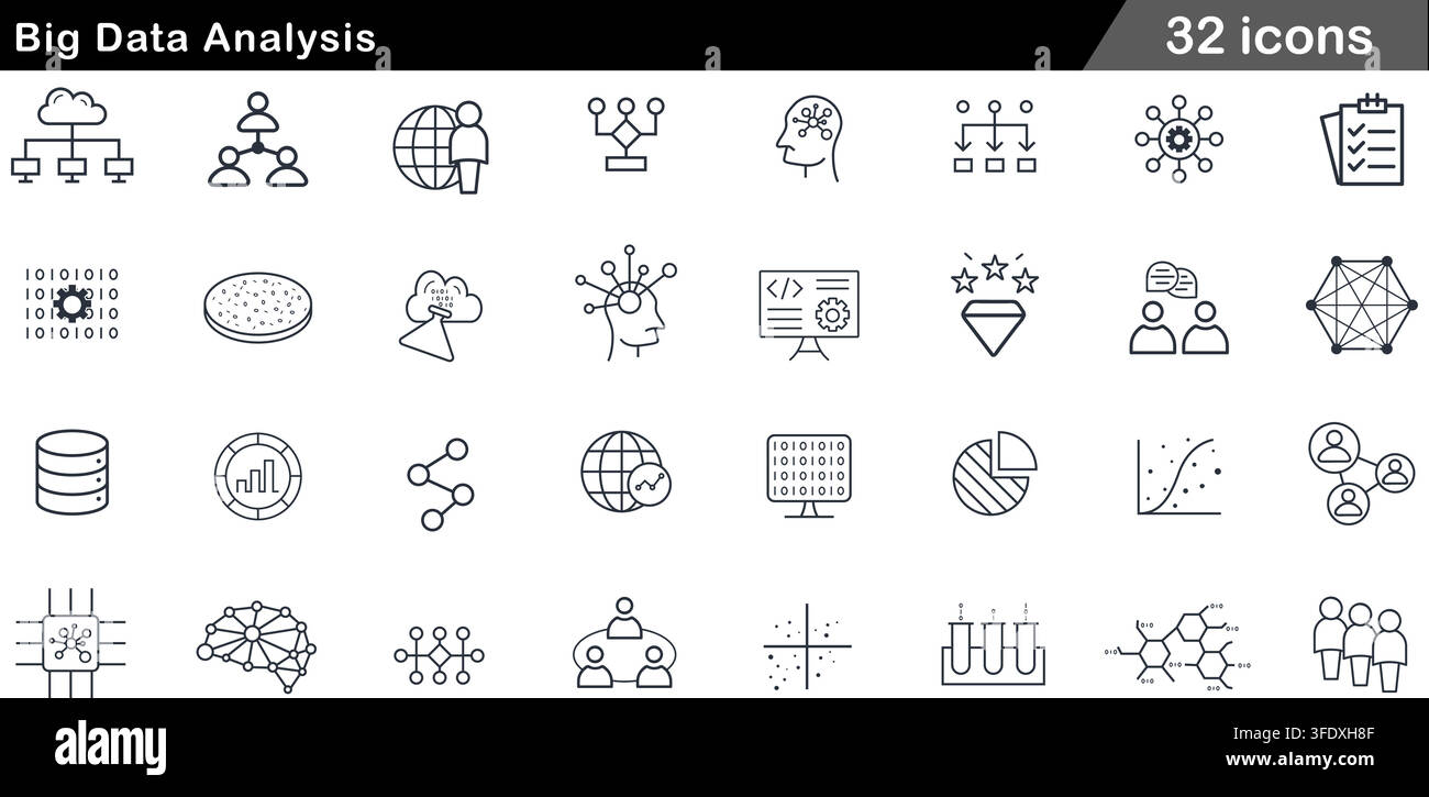 Vector illustration set of 32 big data analysis icons featuring AI brain, cloud server, database, binary code, neural network, and pie chart analytics Stock Vector