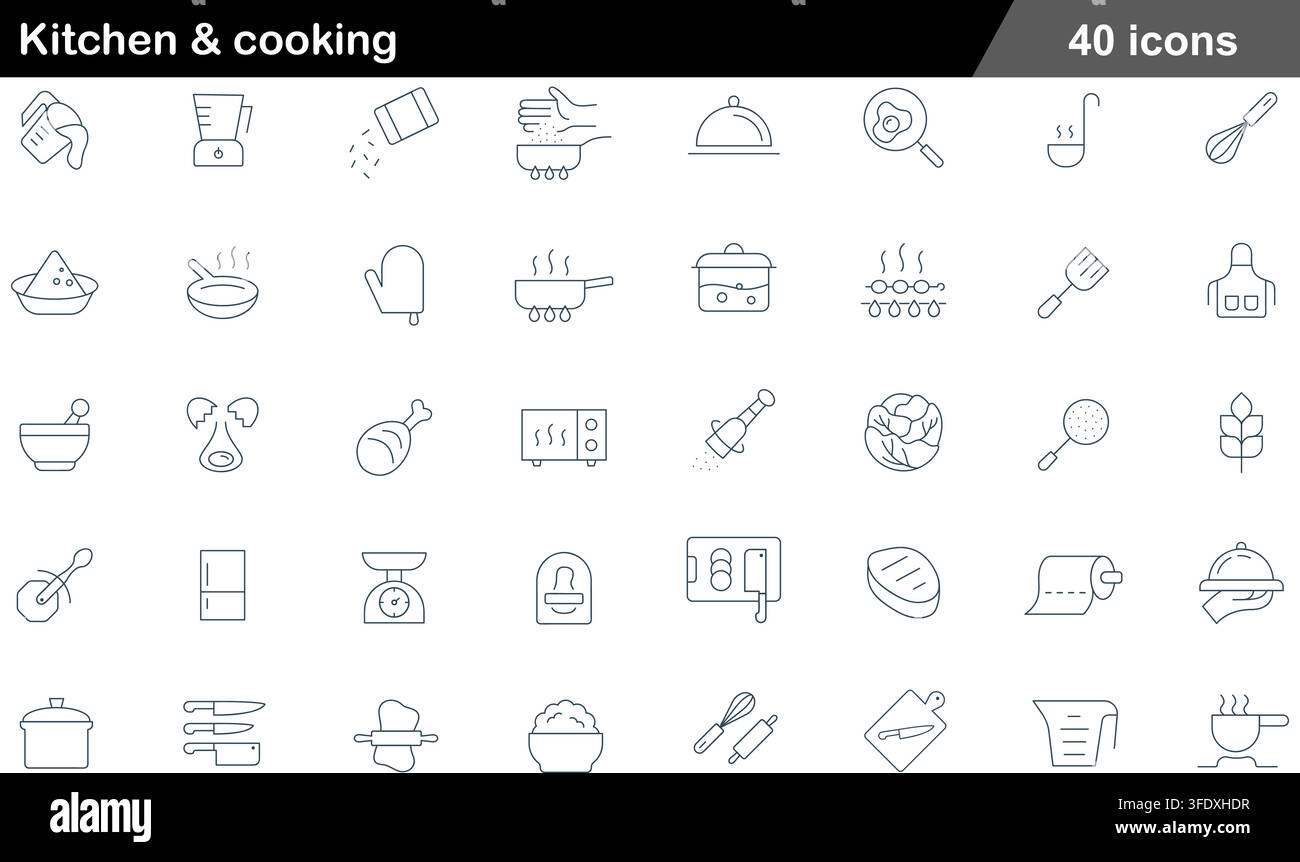 Vector illustration set of 40 kitchen and cooking icons featuring blender, frying pan, whisk, microwave, knife set, cutting board, and chef apron. Stock Vector