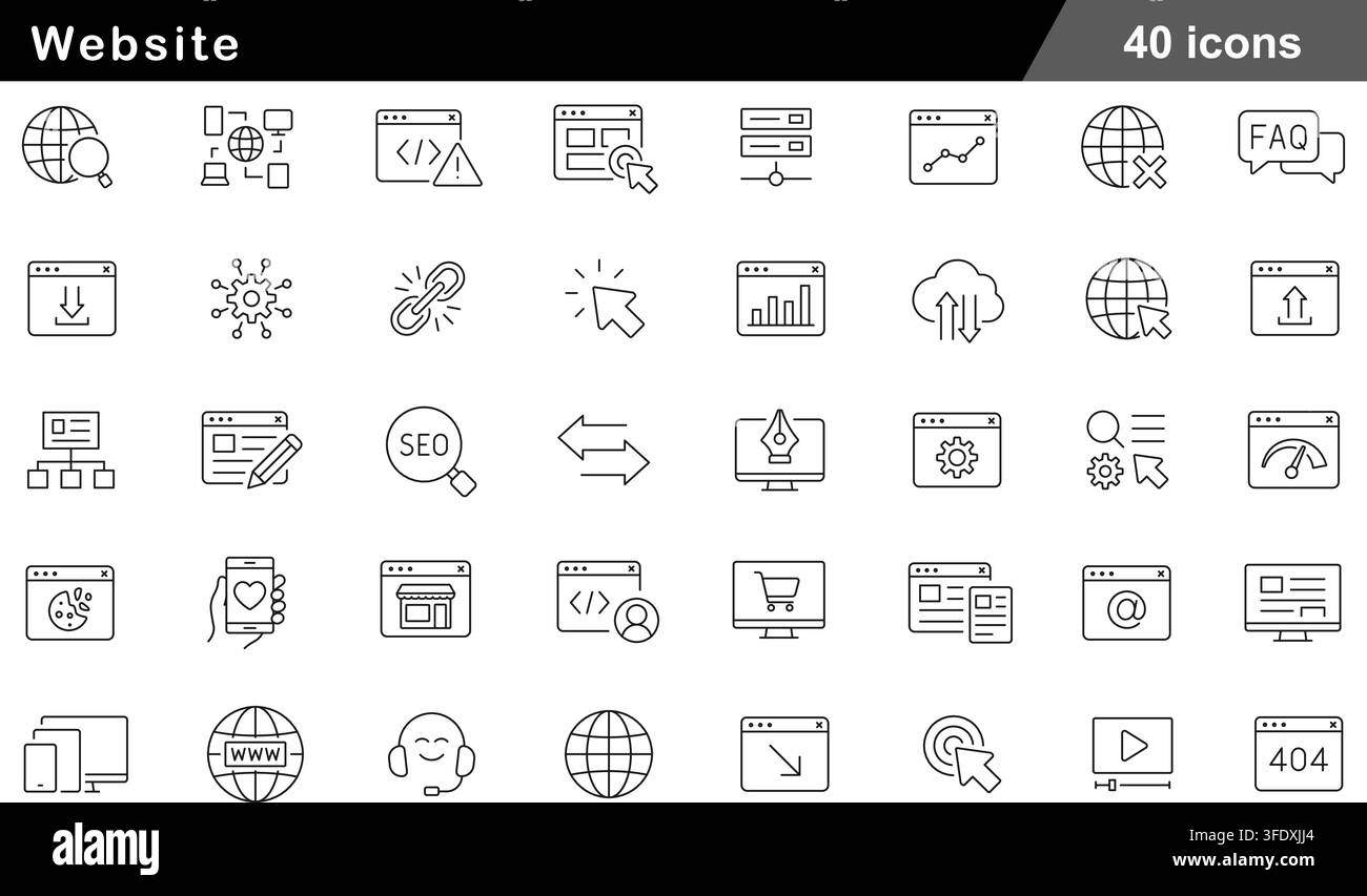 Vector illustration set of 40 website icons featuring browser window, code script, web hosting server, SEO search, cloud sync, and 404 error page. Stock Vector