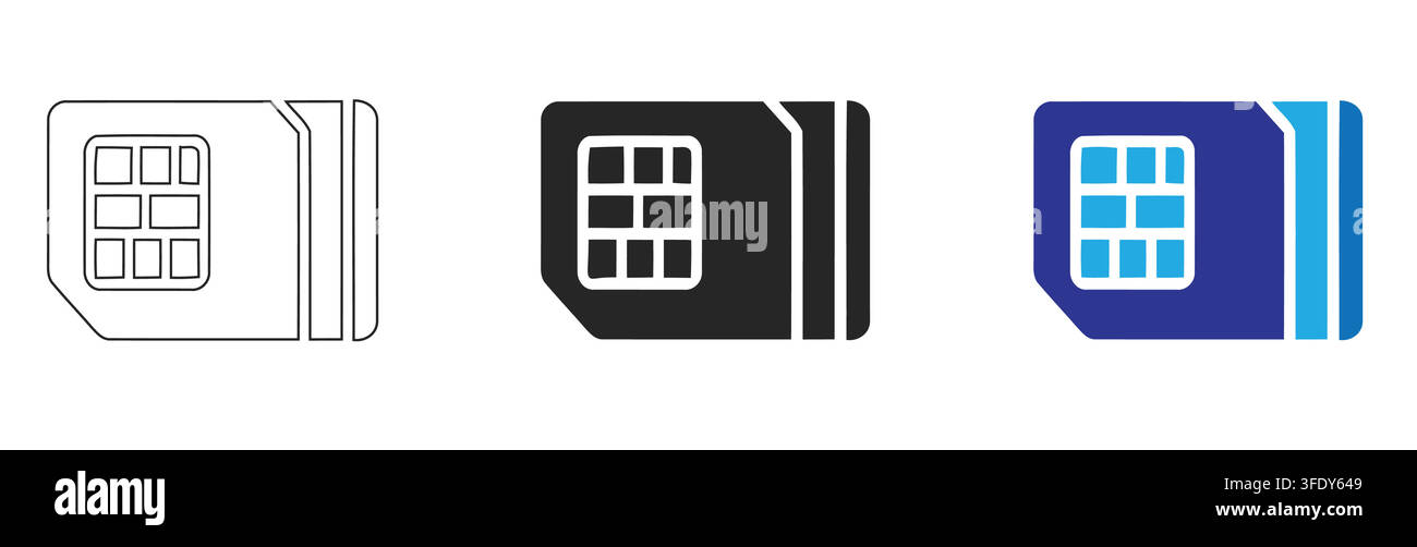 Three Digital Technology SIM Card Icon Variations in Outline Solid Black and Vibrant Styles Representing Mobile Communication Telecom Network and Tech Stock Vector