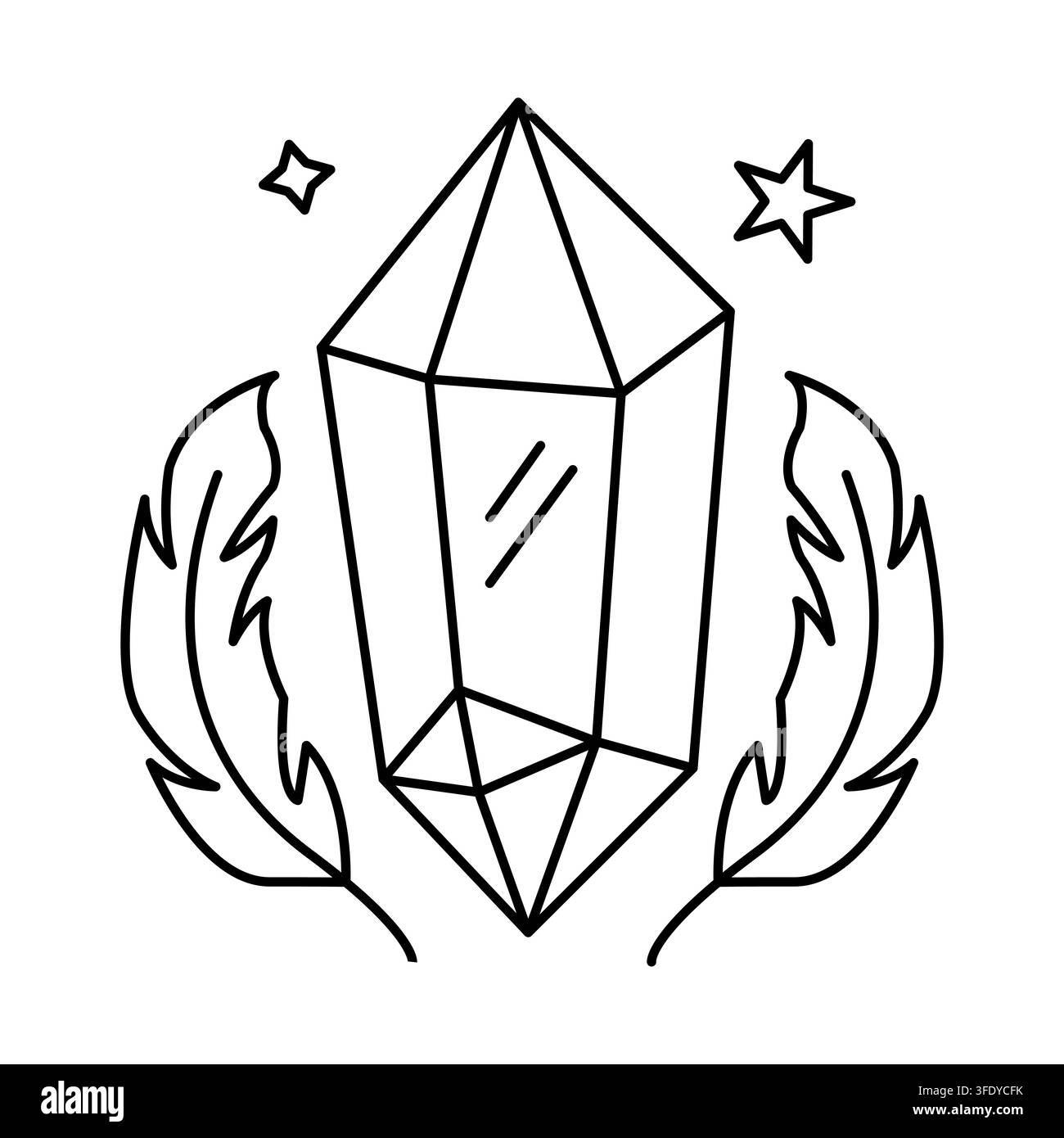 Magic crystal flanked by two bird feathers vector graphic. eps 10. Stock Vector