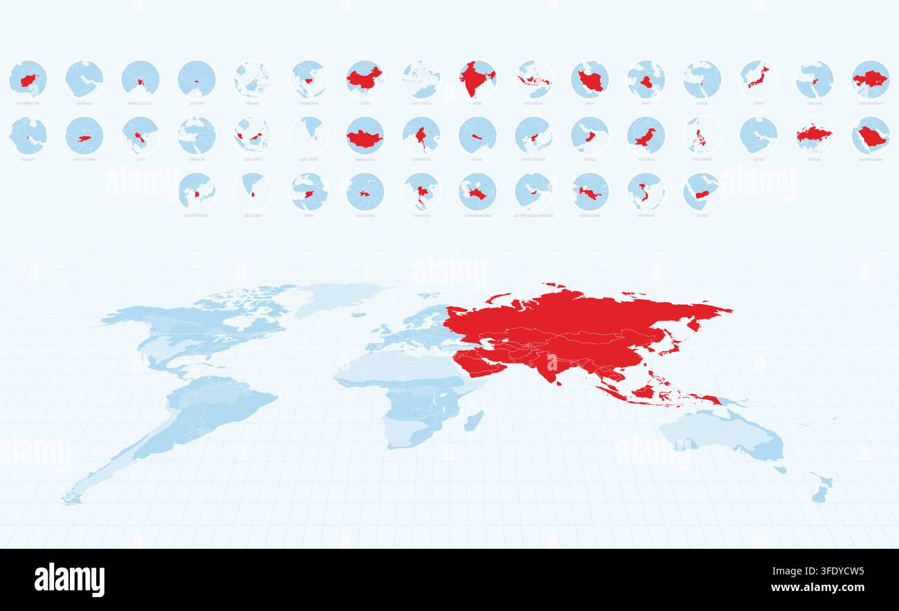 Blue Asian Maps with Countries Highlighted in Red. Circular Maps Set. Vector illustration. Stock Vector