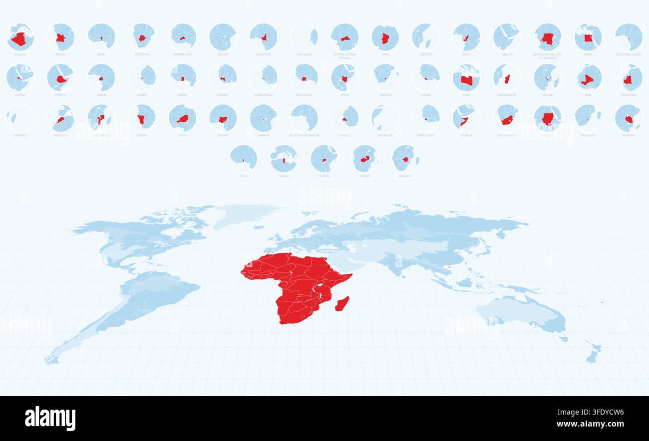 Blue African Maps with Countries Highlighted in Red. Circular Maps Set. Vector illustration. Stock Vector