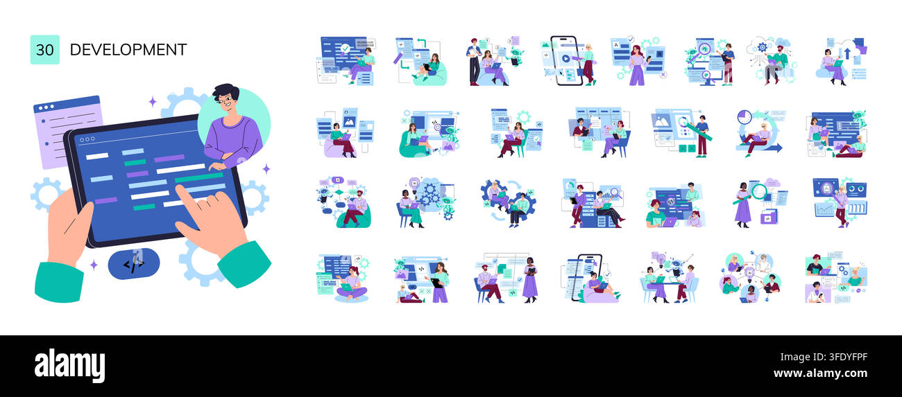 Software development vector illustration set with people coding on tablet and laptop screens, building app interfaces, testing features, analyzing data, and managing digital workflow Stock Vector