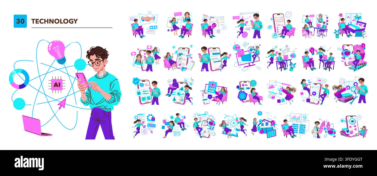 Technology vector illustration set with people using smartphone apps, online services, AI tools, fintech, cloud, security, remote work, analytics, smart home and digital learning Stock Vector
