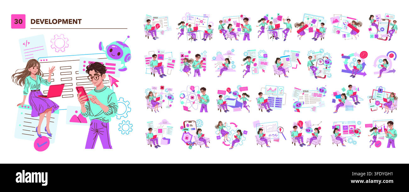 Software development vector illustration set with people coding, testing apps, managing data, UI design, cloud tools, security and automation workflows with focused positive expressions Stock Vector