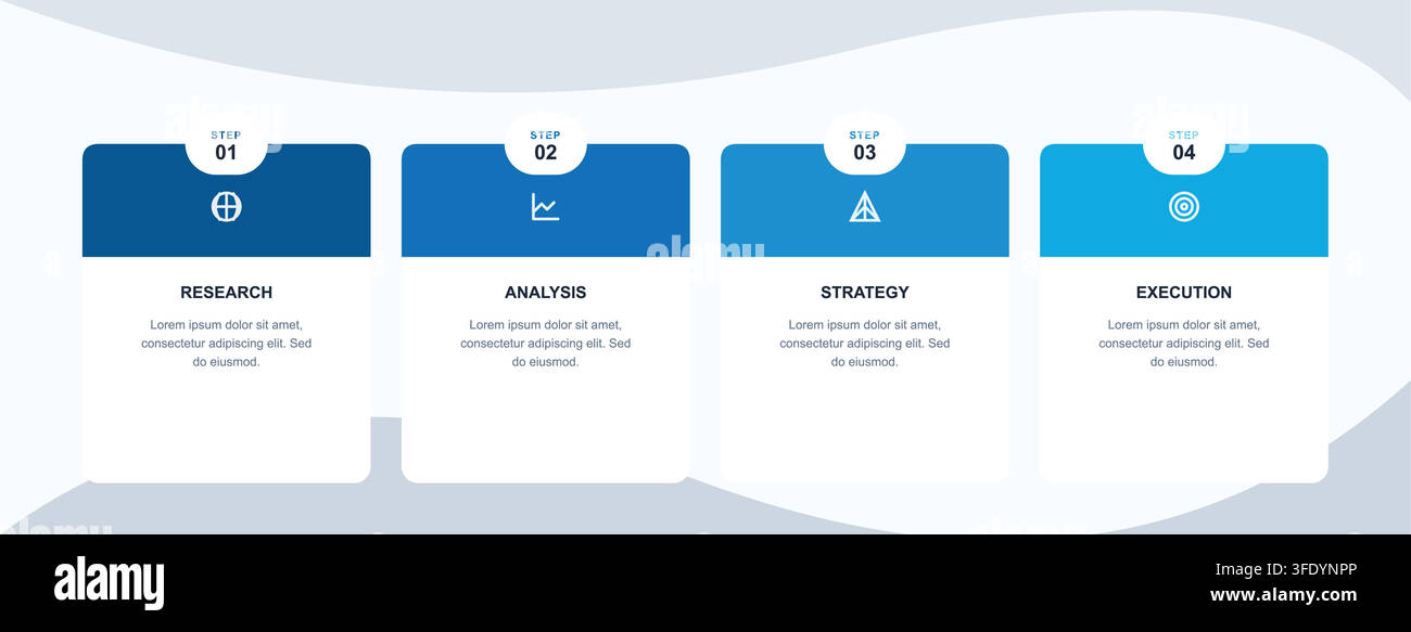 Four Step Business Process Infographic Template with Modern Blue Cards Stock Vector