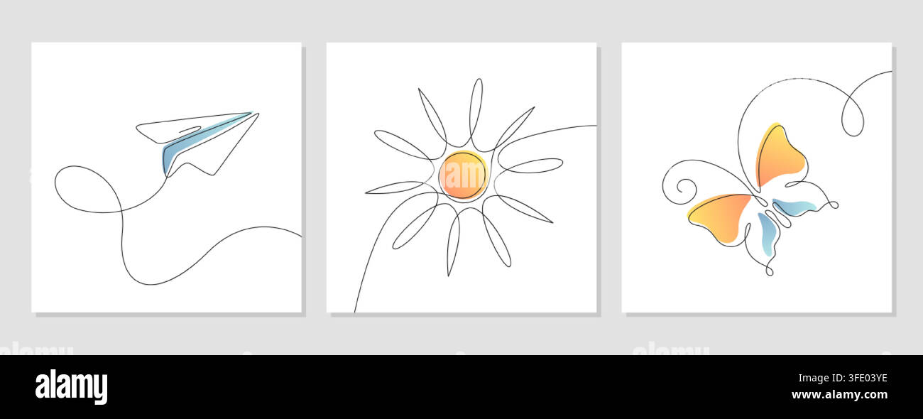 Vector doodle continuous one line art drawing of sun, flying butterfly, paper plane or airplane in sky. Minimal linear summer journey silhouette icons. Posters with single thin outline travel elements Stock Vector