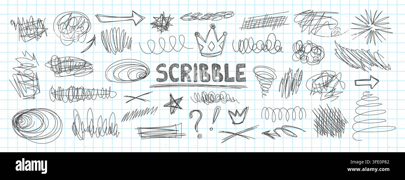 Pen doodles and scribbles form chaotic handwritten textures vector illustration set. Stock Vector