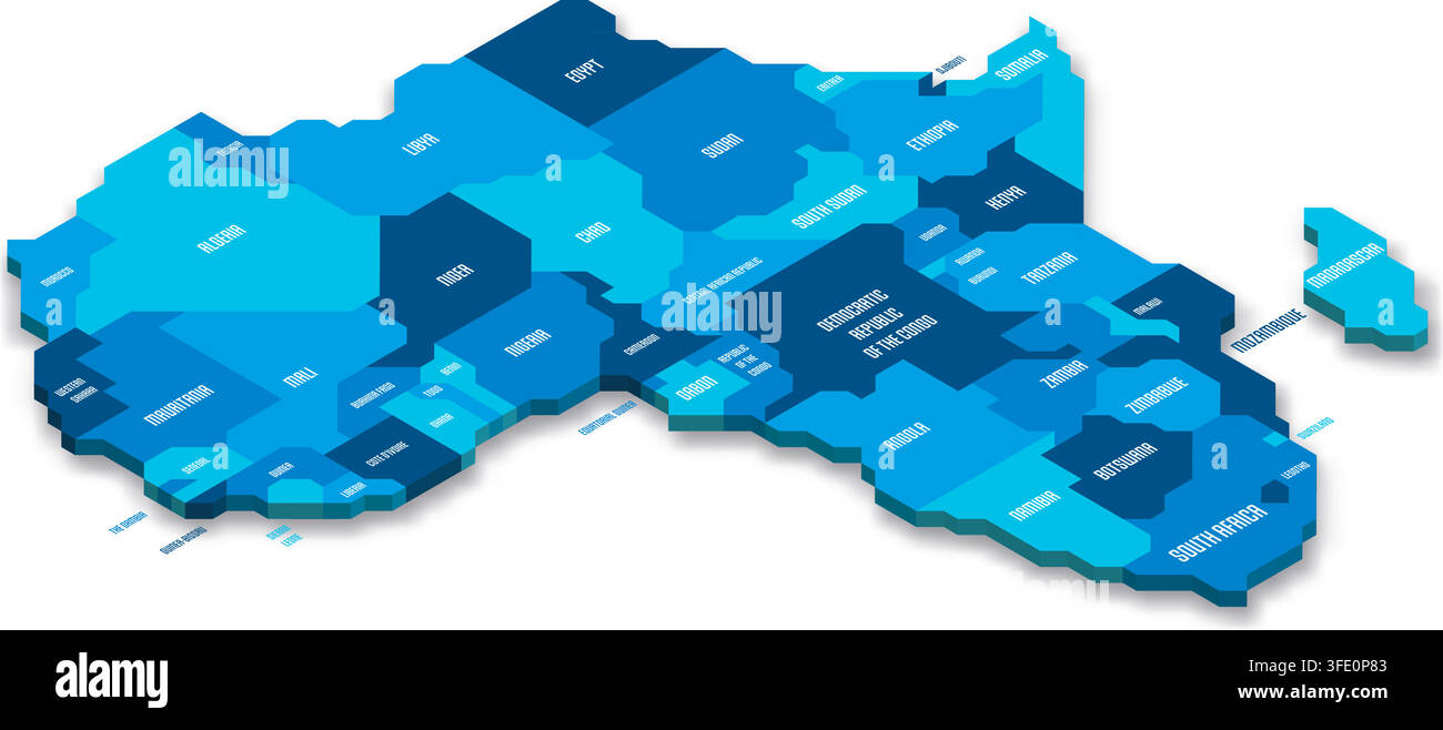 Isometric political map of Africa. Blue land with country name labels on white background. 3D vector illustration Stock Vector