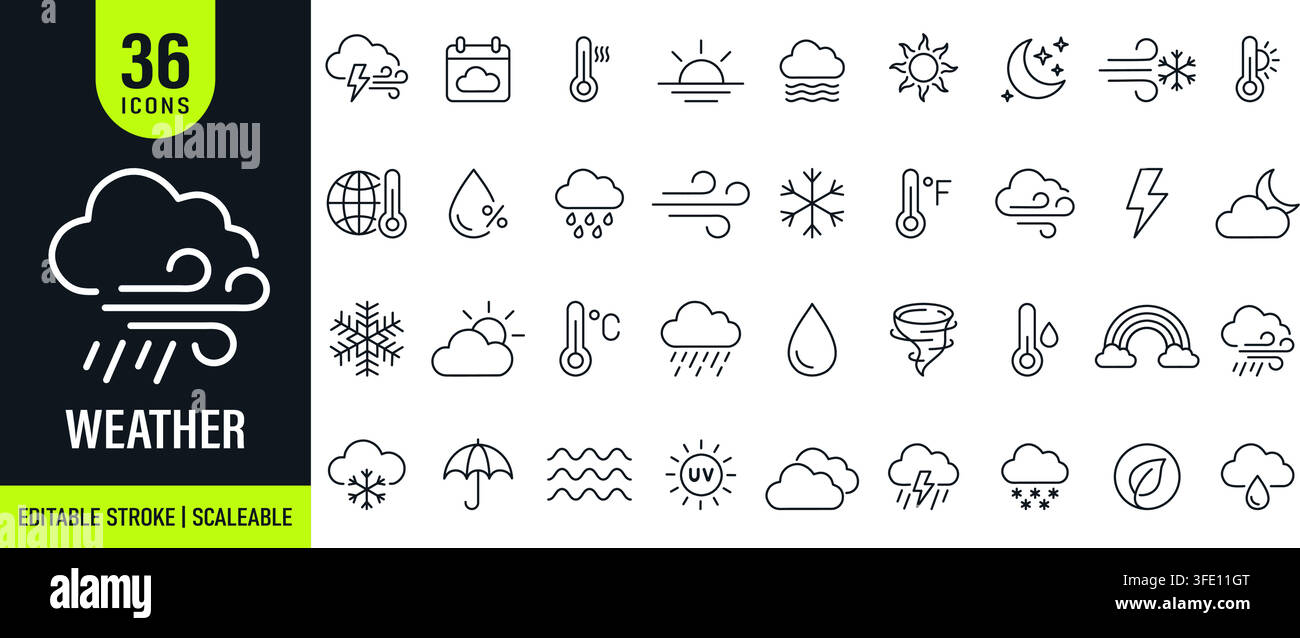 Weather icon set. Collection of weather forecast, climate conditions, temperature, rain, snow, wind and atmospheric line icon editable stroke. Vector Stock Vector