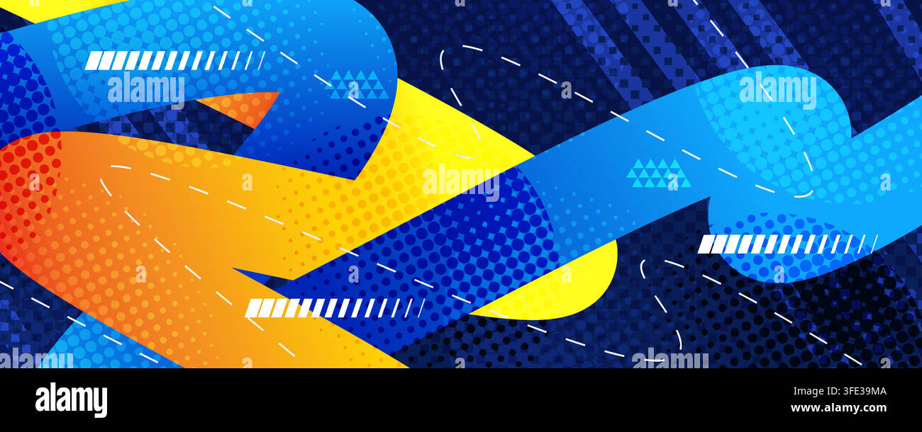 Energetic Background with Blue and Orange Bold Wavy Lines, Halftone Patterns and Geometric Elements Stock Vector