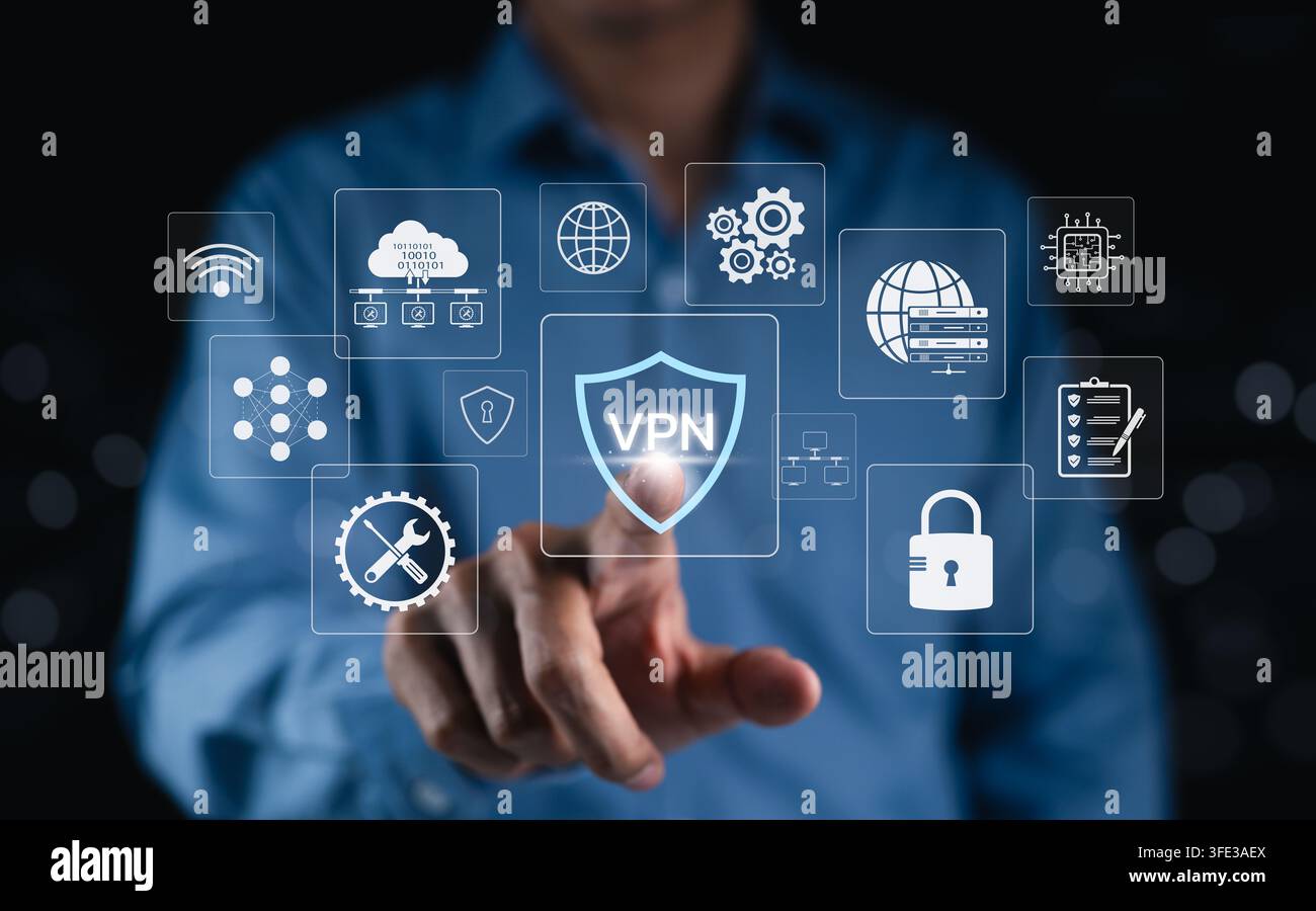 VPN network security concept. Man touching virtual protection, encrypted connection, remote access, online privacy, cloud infrastructure, server secur Stock Photo