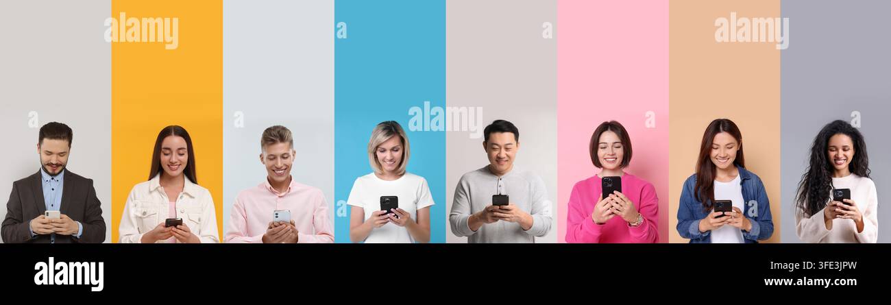 People using smartphones. Collage of portraits on colorful backgrounds Stock Photo