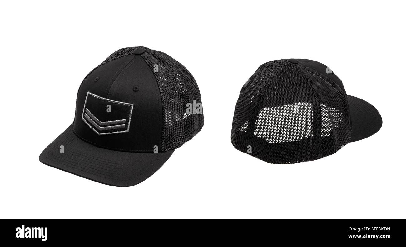 Black mesh baseball cap front and back view isolated on white background. Stock Photo