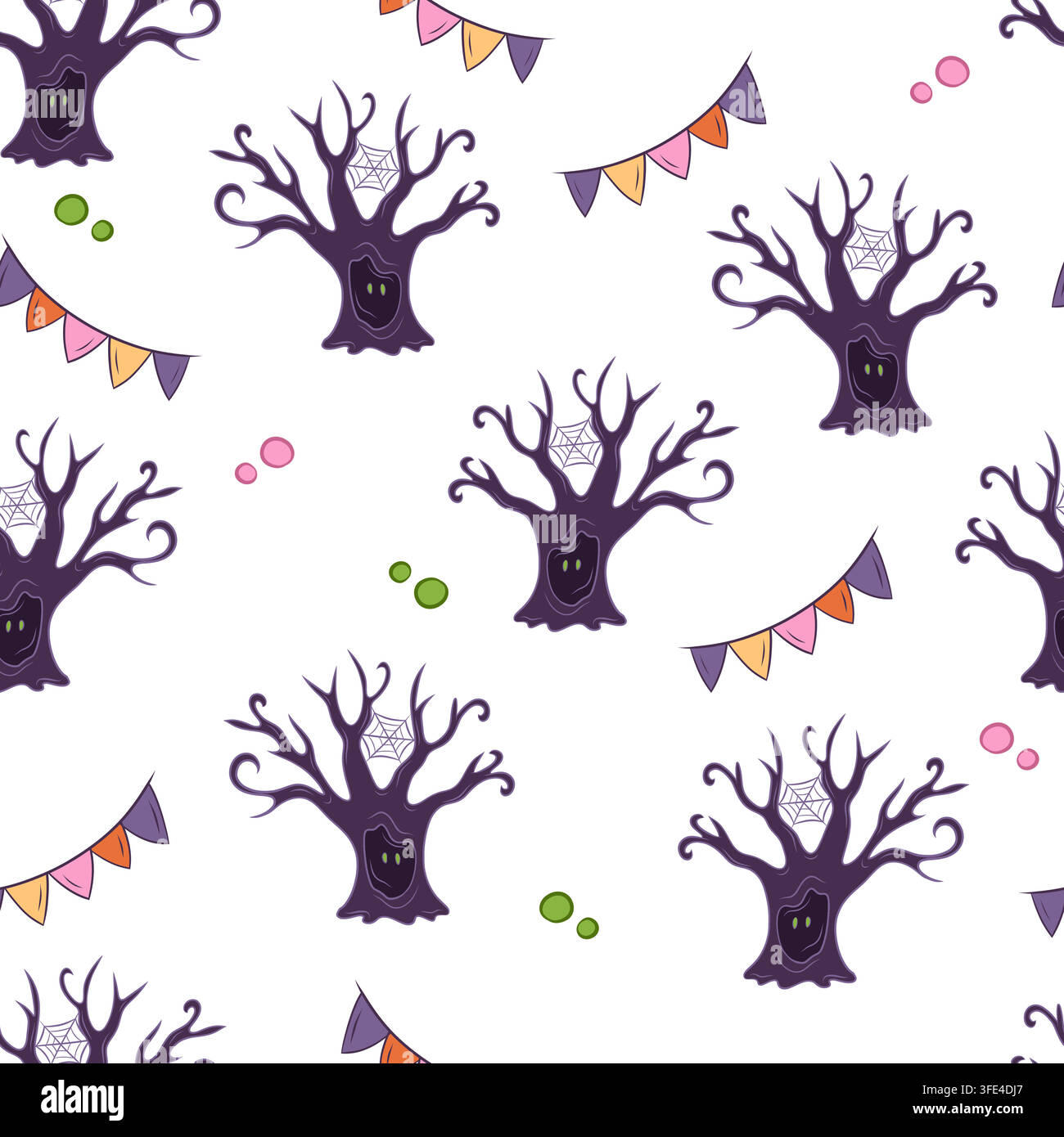 Seamless vector pattern with Halloween trees and cobwebs Stock Vector