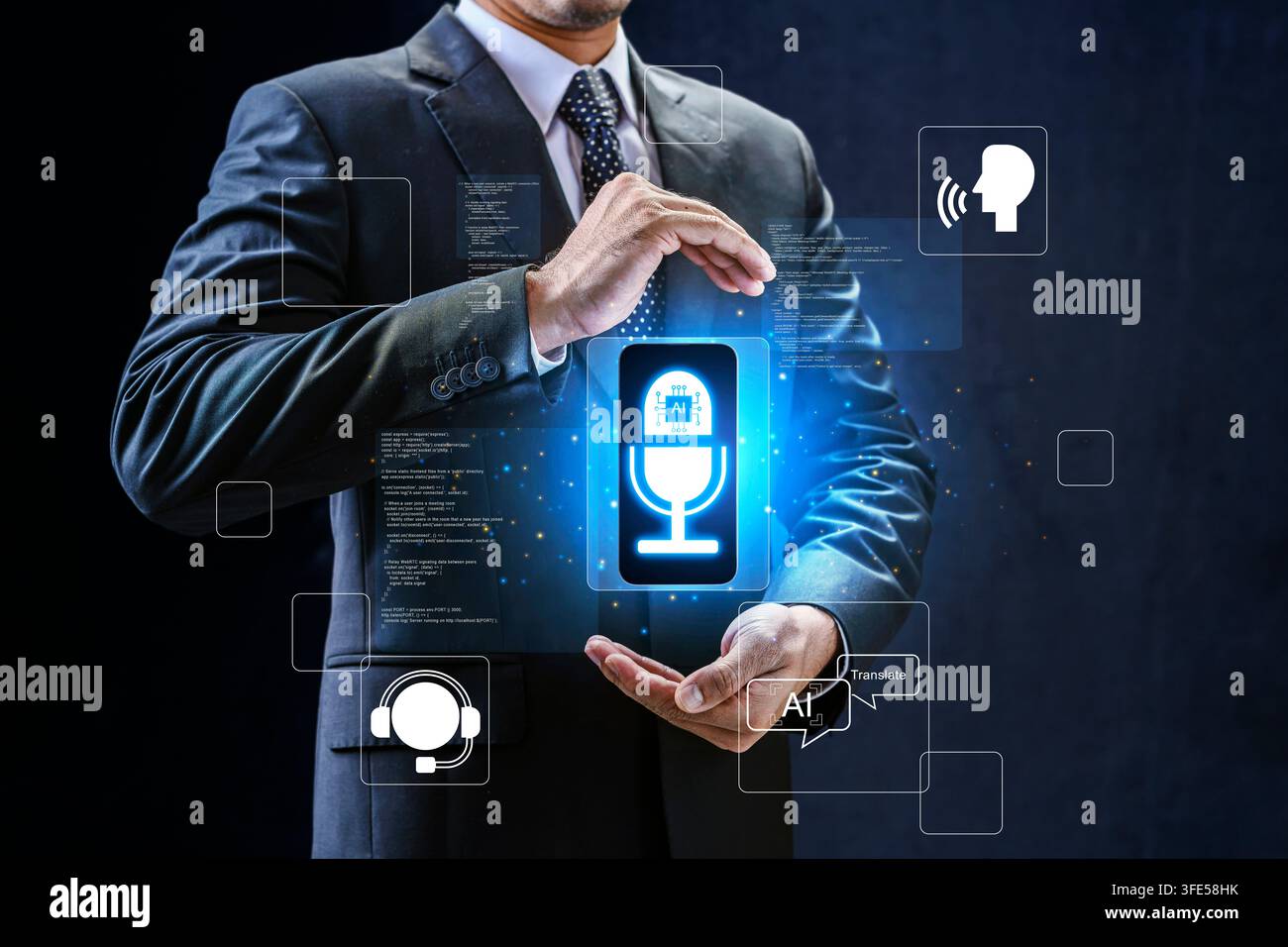 Businessman presenting digital interface of AI voice assistant, speech recognition, and smart microphone technology Stock Photo