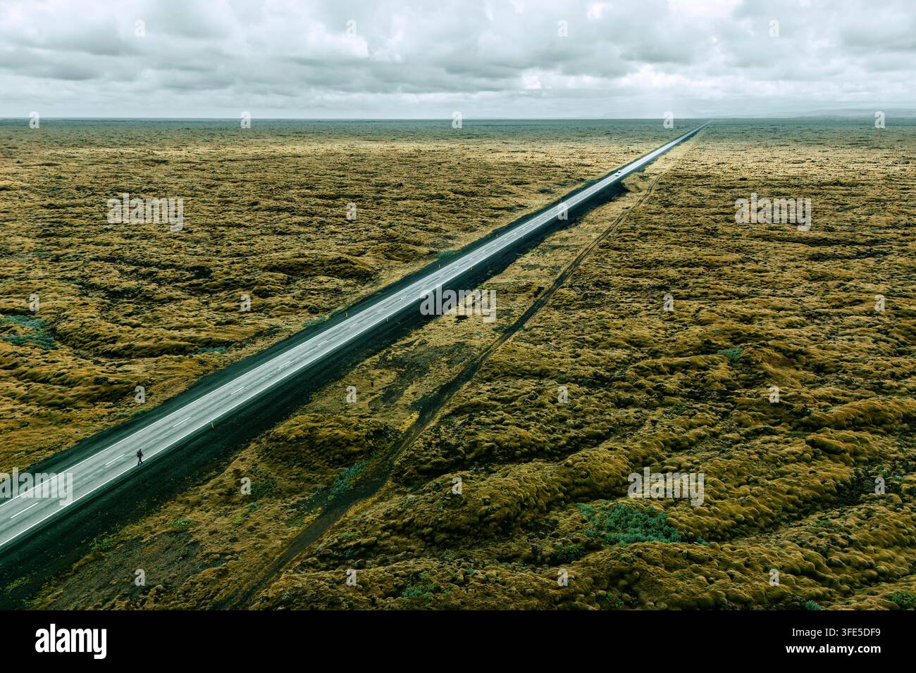 A straight road cuts across a mossy lava field - Iceland Stock Photo