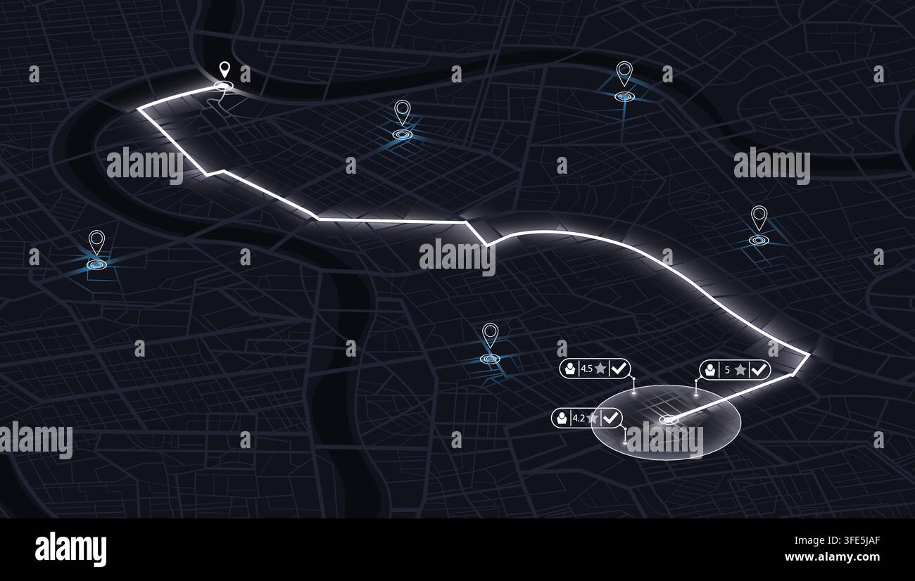Isometric GPS navigation map with glowing route and ride sharing app interface. Vector illustration. Stock Vector