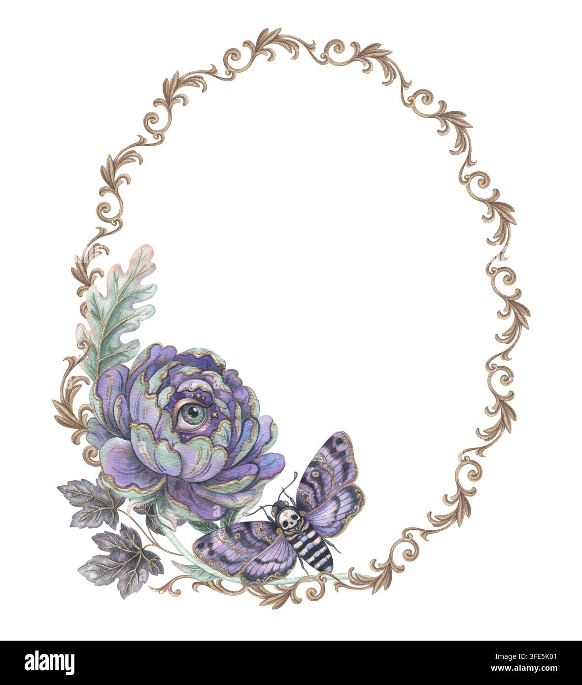 Vintage Oval Frame With Eye Peony Flower And Death Head Moth Hand vintage-oval-frame-with-eye-peony-flower-and-death-head-moth-hand