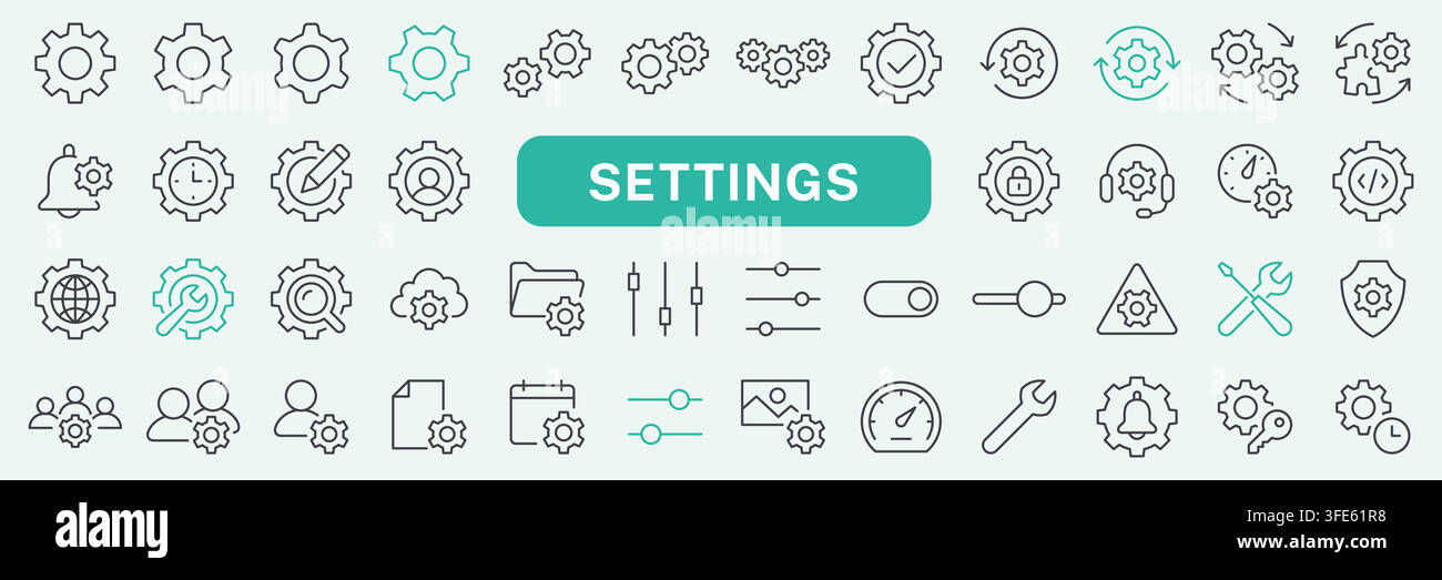 Settings line icon set. Gear, configuration, preferences, control, security, tools, account and system management linear minimal vector illustration Stock Vector