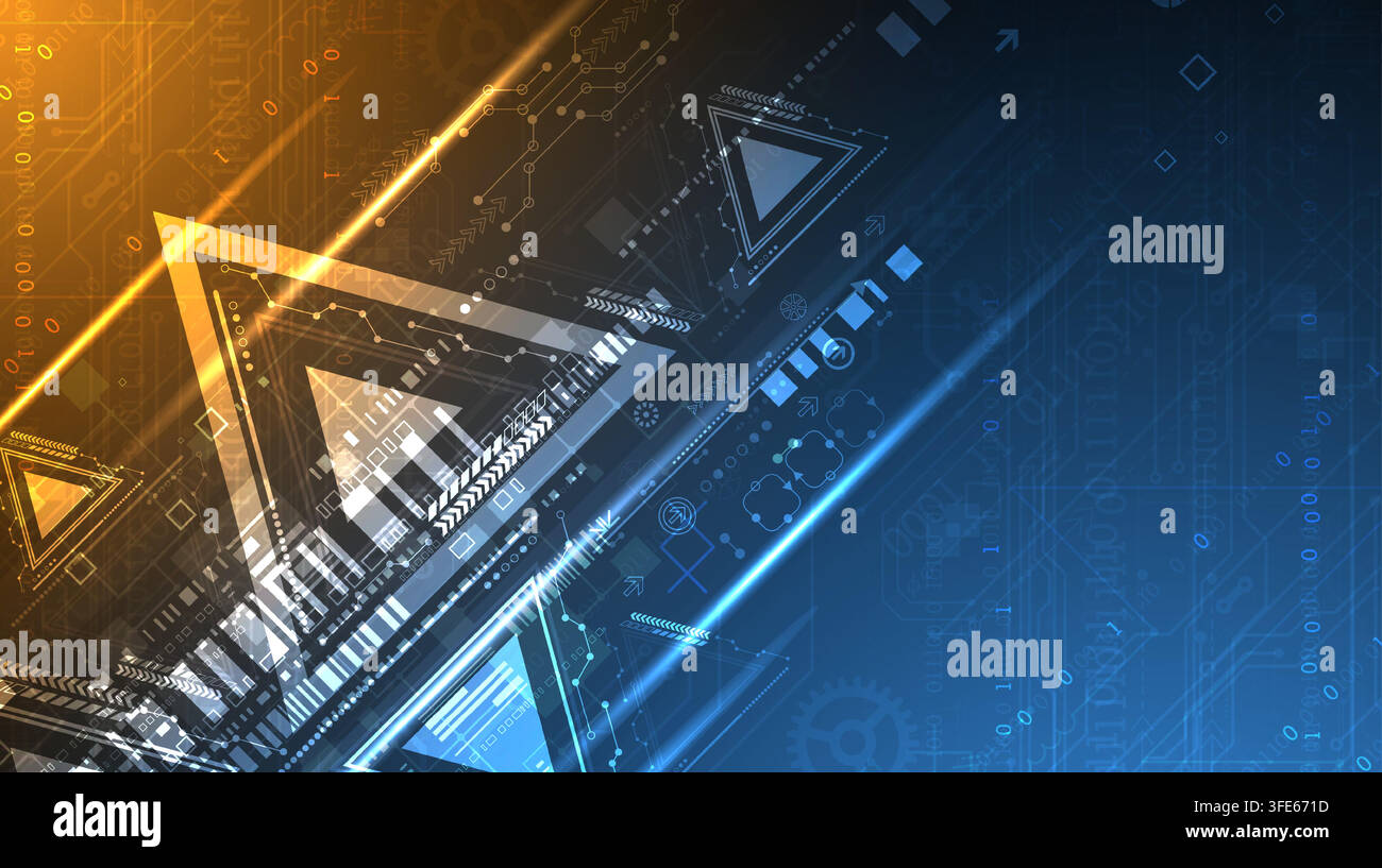 Abstract futuristic technology background with glowing geometric triangles and circuit board elements. Vector Stock Vector