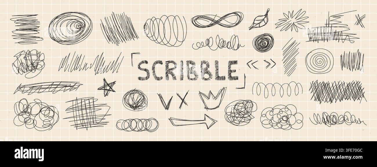 Messy pen doodles and scribbles create chaotic hand-drawn lines vector illustration set. Stock Vector