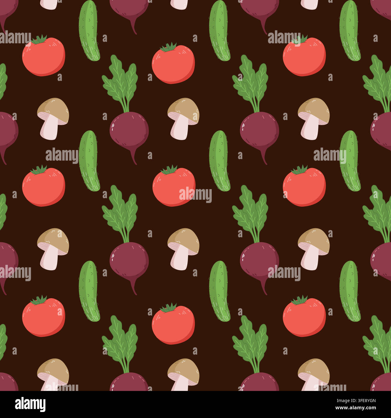 Vegetable seamless pattern background with tomato cucumber beet and mushroom Stock Vector