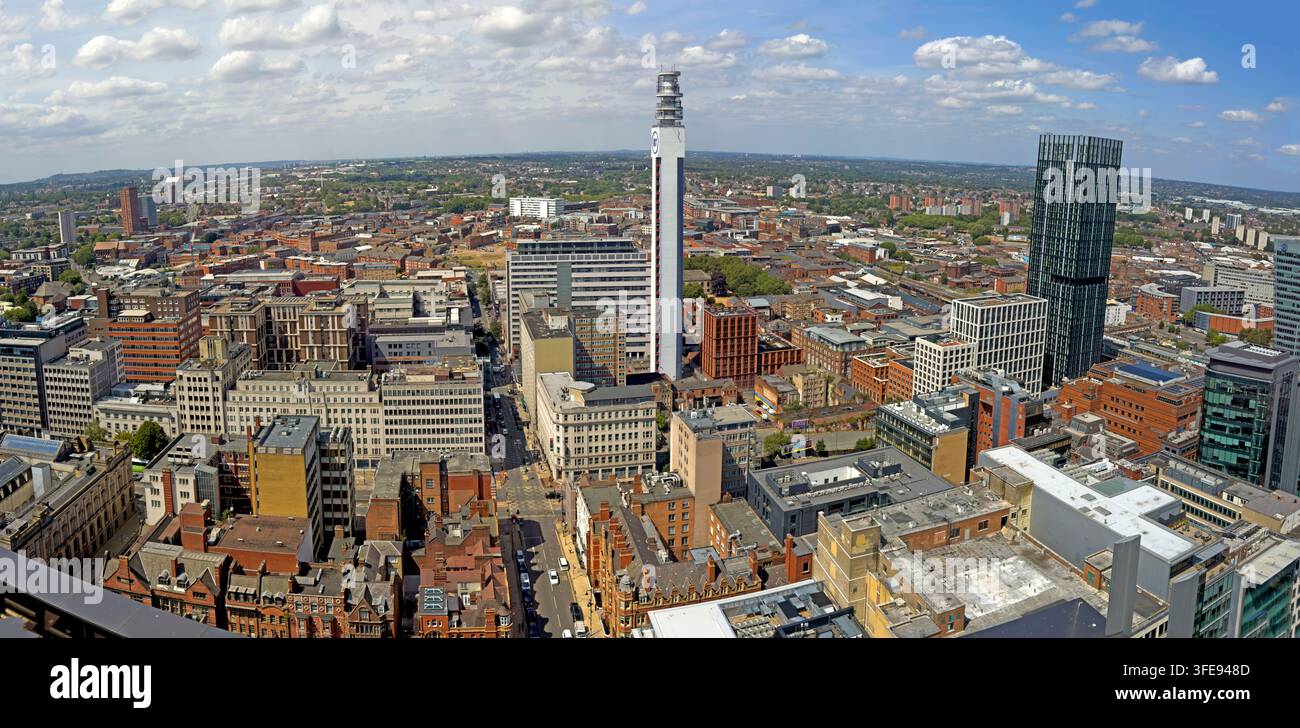 Birmingham city skyline viewed from above, showing the BT Tower among dense commercial, residential and historic city-centre development. Stock Photo