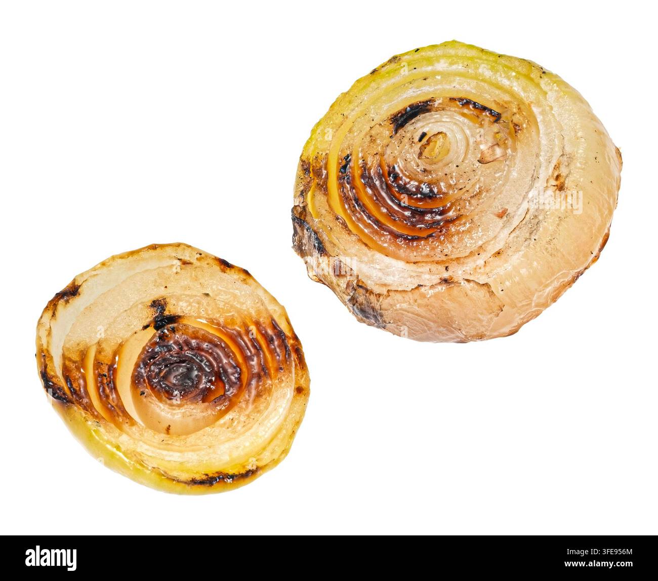 Grilled onion slices isolated on white background Stock Photo