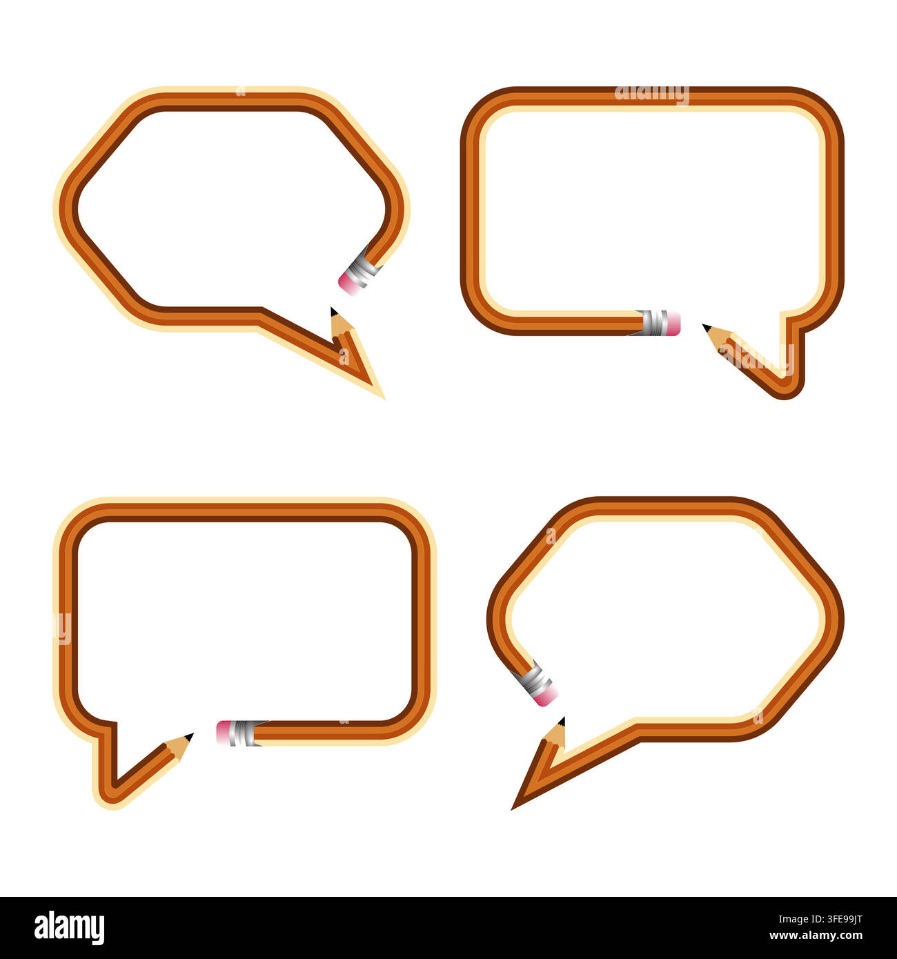 A creative vector collection of speech bubble frames uniquely shaped from pencils with erasers, featuring rounded and rectangular dialogue box borders Stock Vector