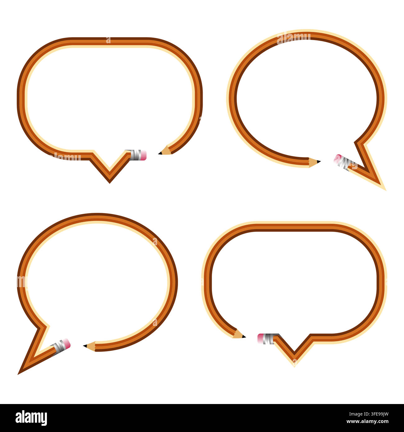 A creative vector collection of speech bubble frames uniquely shaped from pencils with erasers, featuring rounded and rectangular dialogue box borders Stock Vector