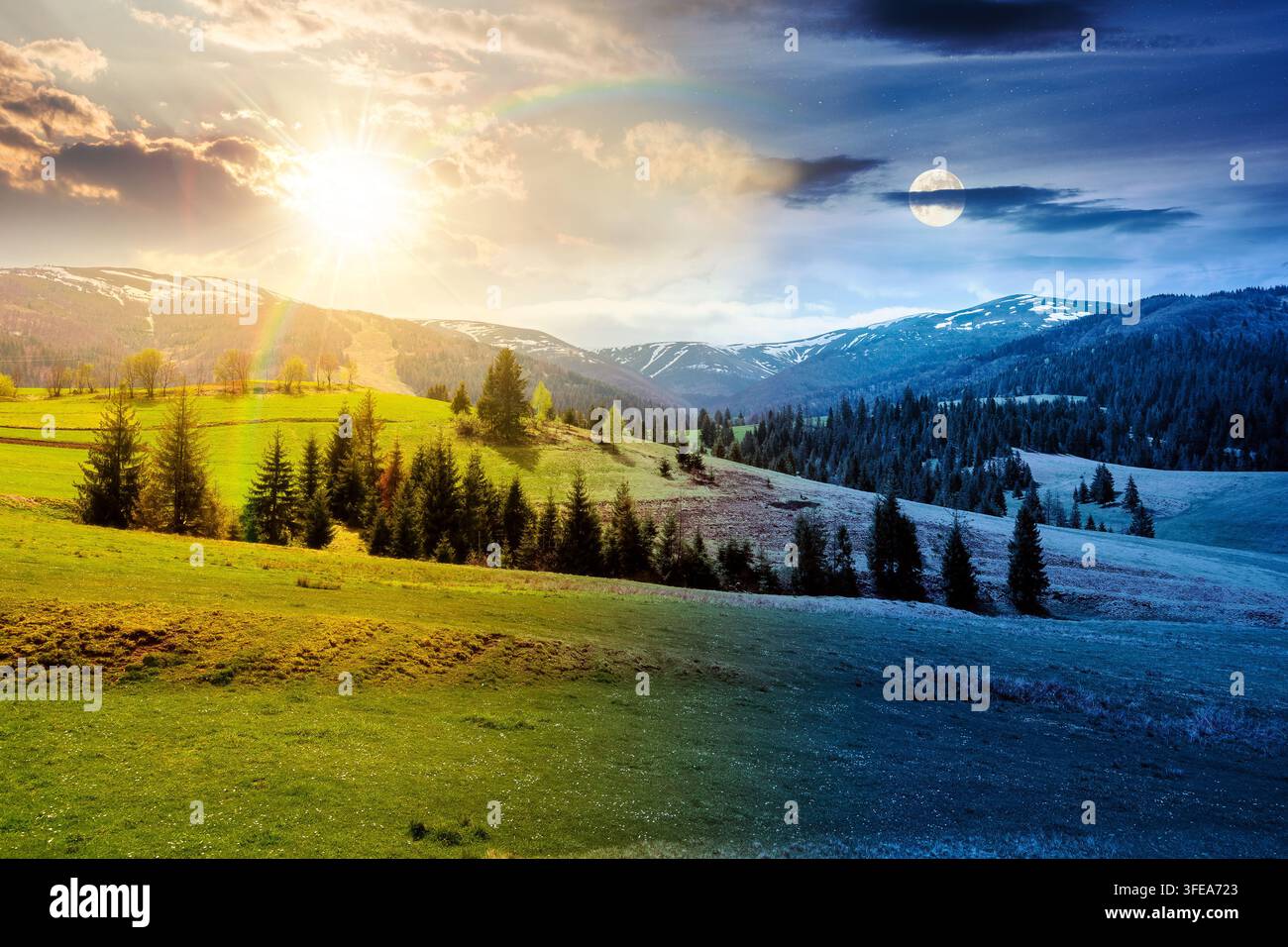 panoramic view of countryside of Ukraine. day meet night. sun and moon over wonderful springtime landscape in Carpathian mountains. grassy field and r Stock Photo