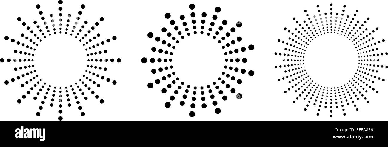 Radial sunburst with halftone dots creating dynamic rays. Circular pattern with concentric lines. Stock Vector