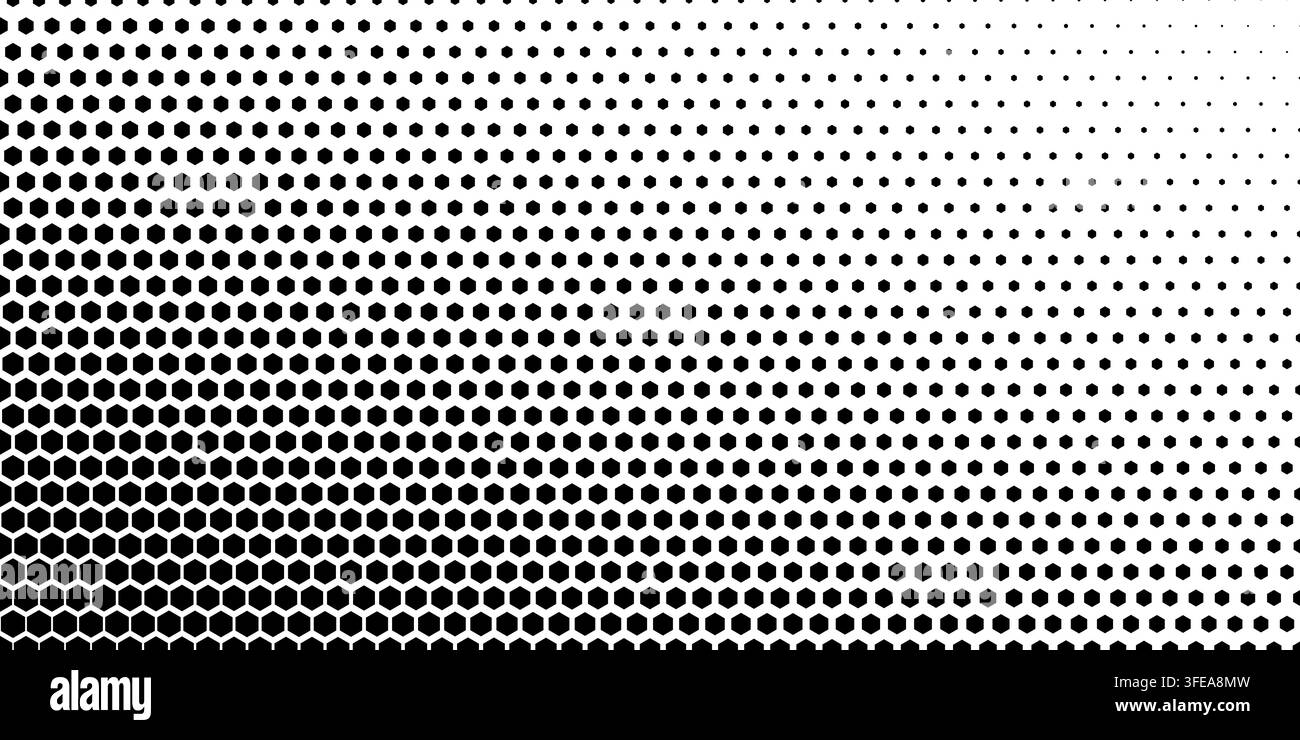 Hexagon halftone pattern with gradient fade. Honeycomb geometric texture creates modern abstract background with repeating design and subtle tone transitions. Stock Vector