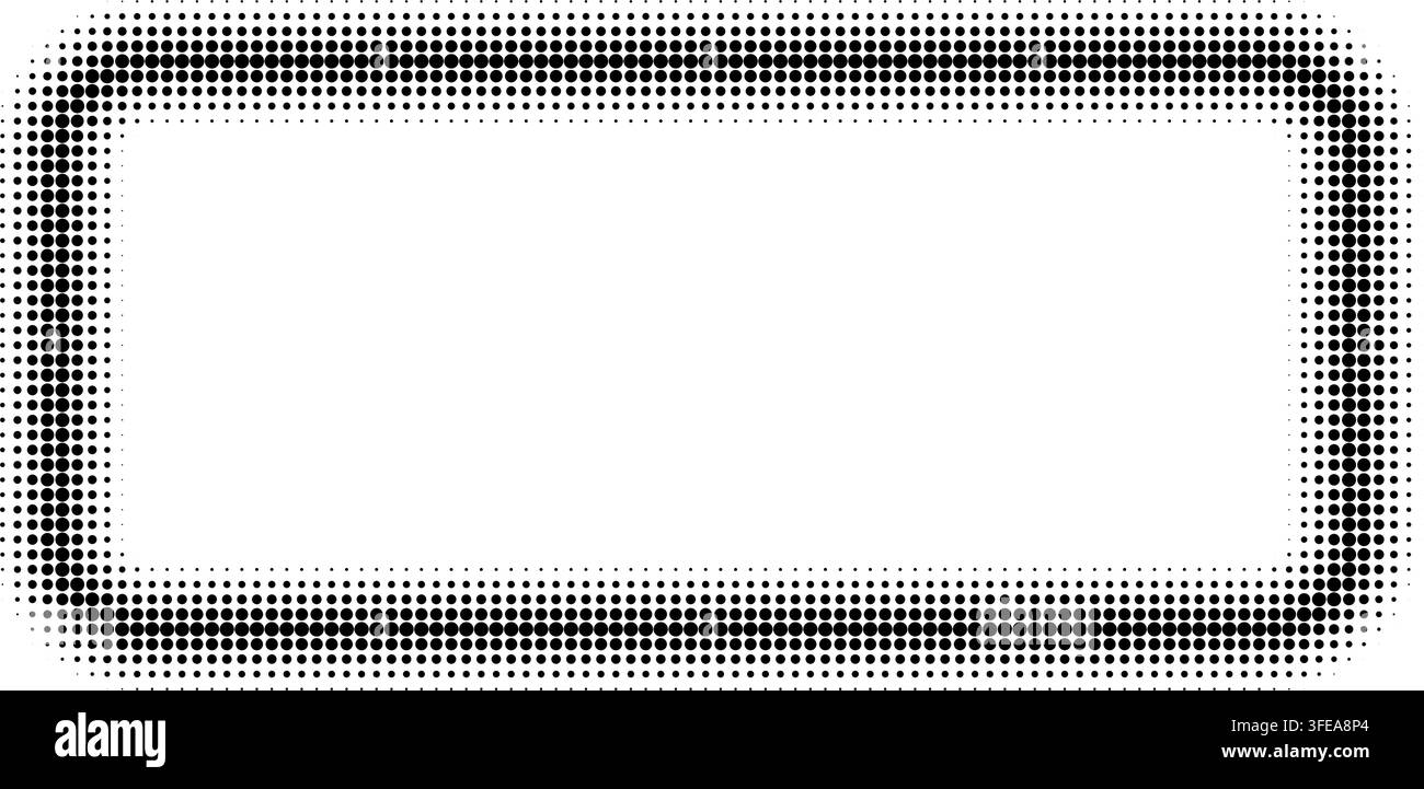 Horizontal halftone frame with dotted border and geometric pattern. White rectangular vignette effect with gradient tone for comic poster design and tech presentations. Stock Vector