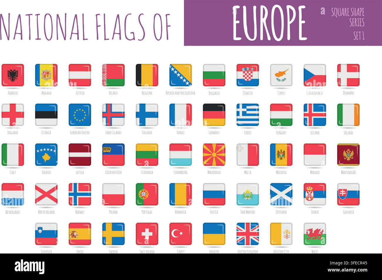 Set of 53 square shaped flags of the countries of Europe. Icon set Vector Illustration. Stock Vector