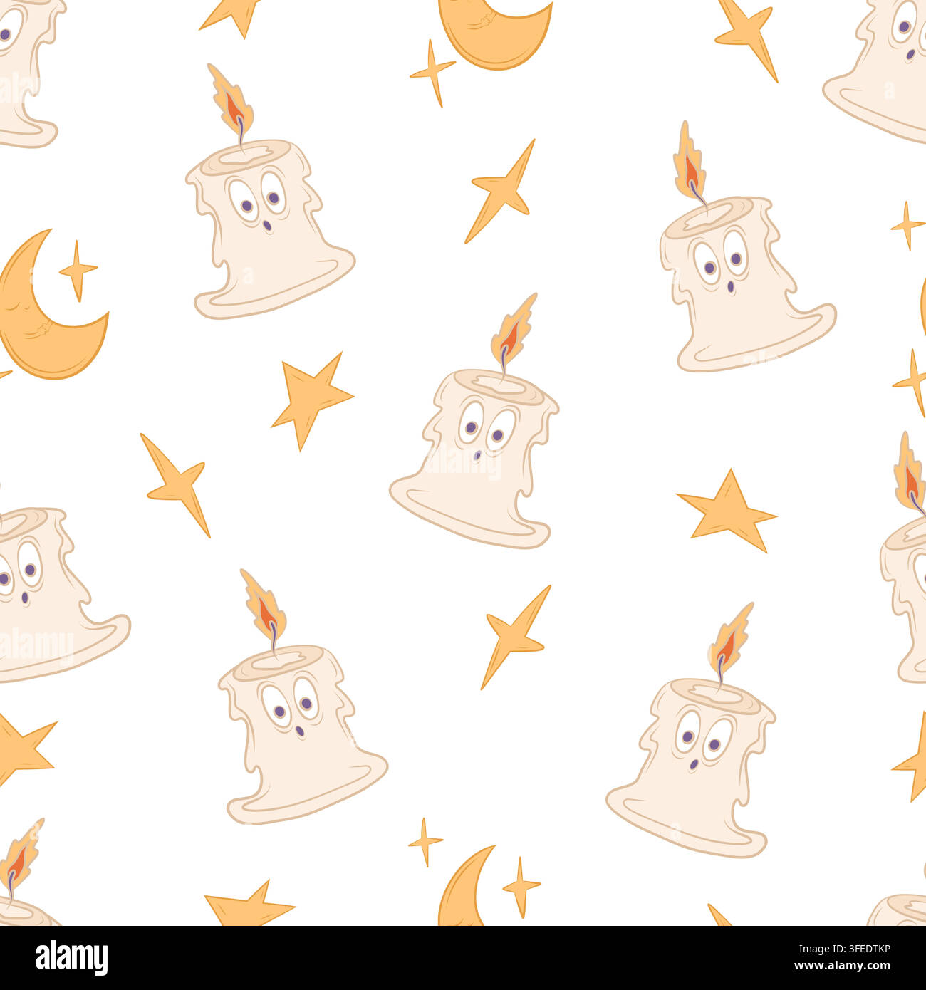 Seamless vector pattern with Halloween candles, moons and stars Stock Vector