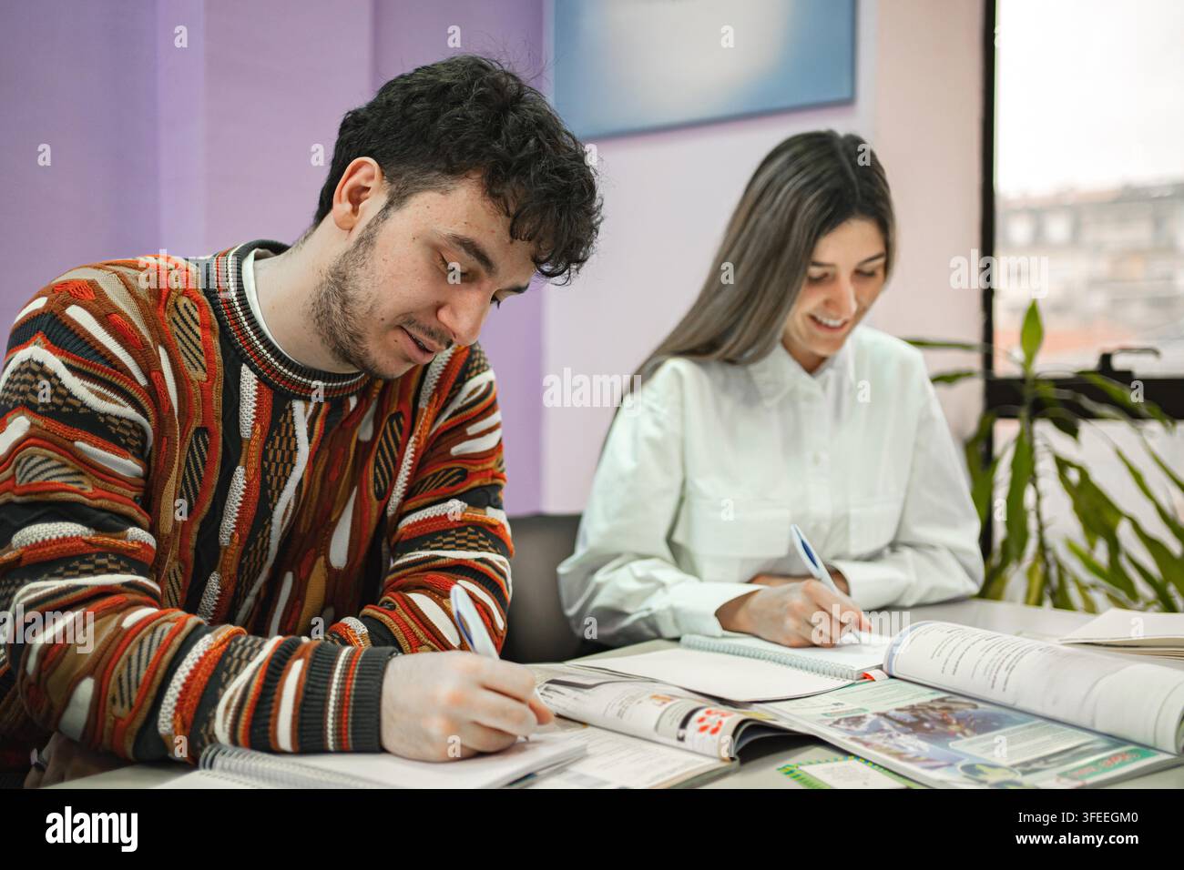 Two students learning together at language school. Stock Photo