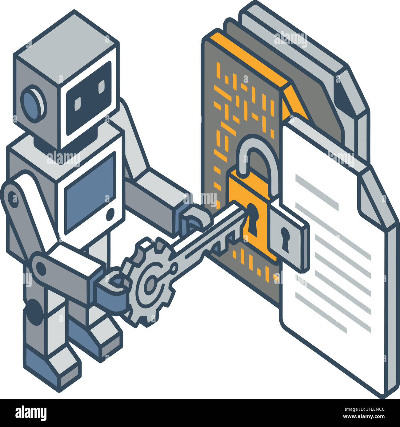 Isometric Robot Unlocking Encrypted Digital Folders with a Key Stock Vector
