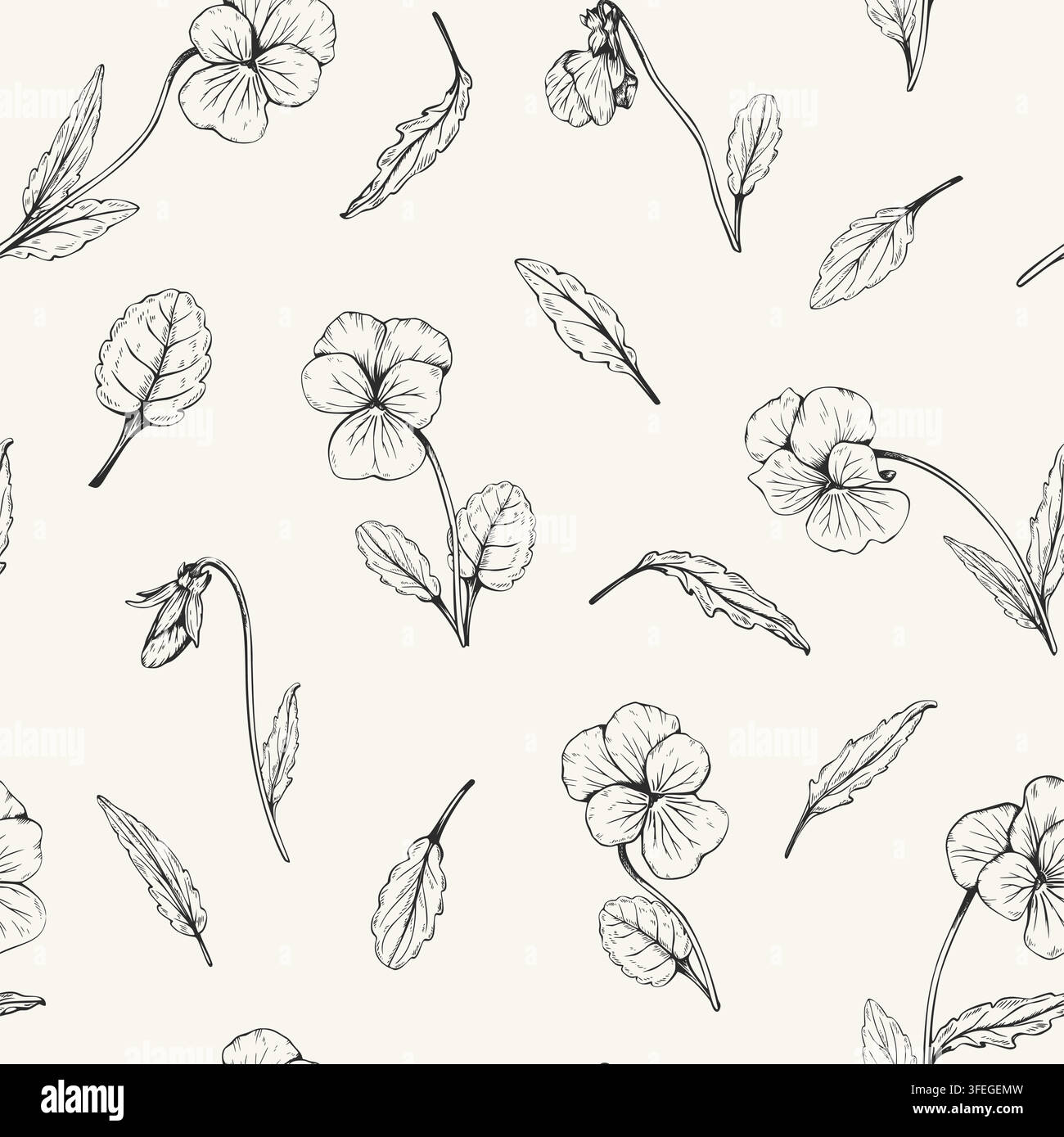 Botanical seamless pattern with hand drawn pansy flowers and leaves. Vector illustration of monochrome viola tricolor blossoms in sketch style on Stock Vector