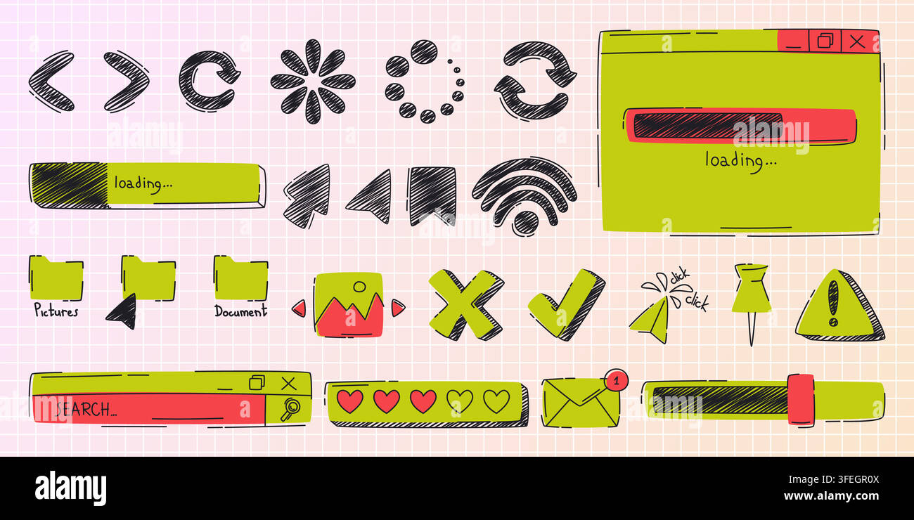 Hand drawn doodle browser icons, search bar and loading progress circles, sketch vector buttons. Ui elements for web interface design, computer window and cursor arrows, folder and new message mockups Stock Vector