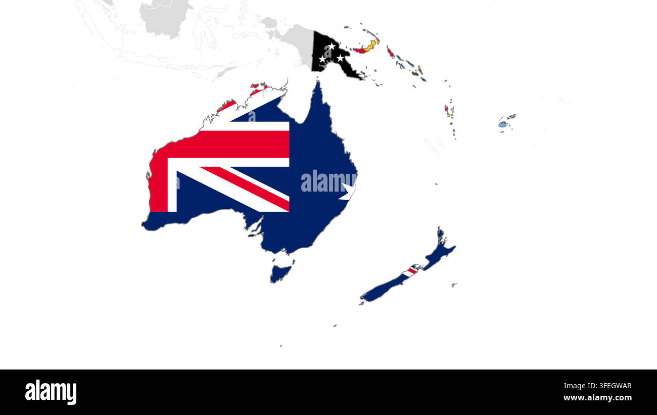 Map of Oceania with countries filled with their national flags Stock Vector