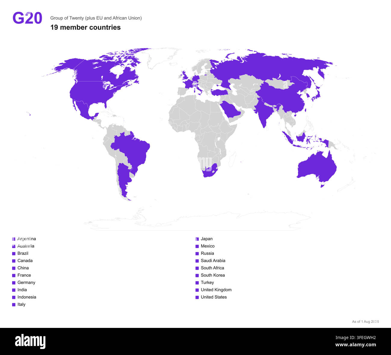 World map showing g20 group of twenty member countries highlighted in purple Stock Vector