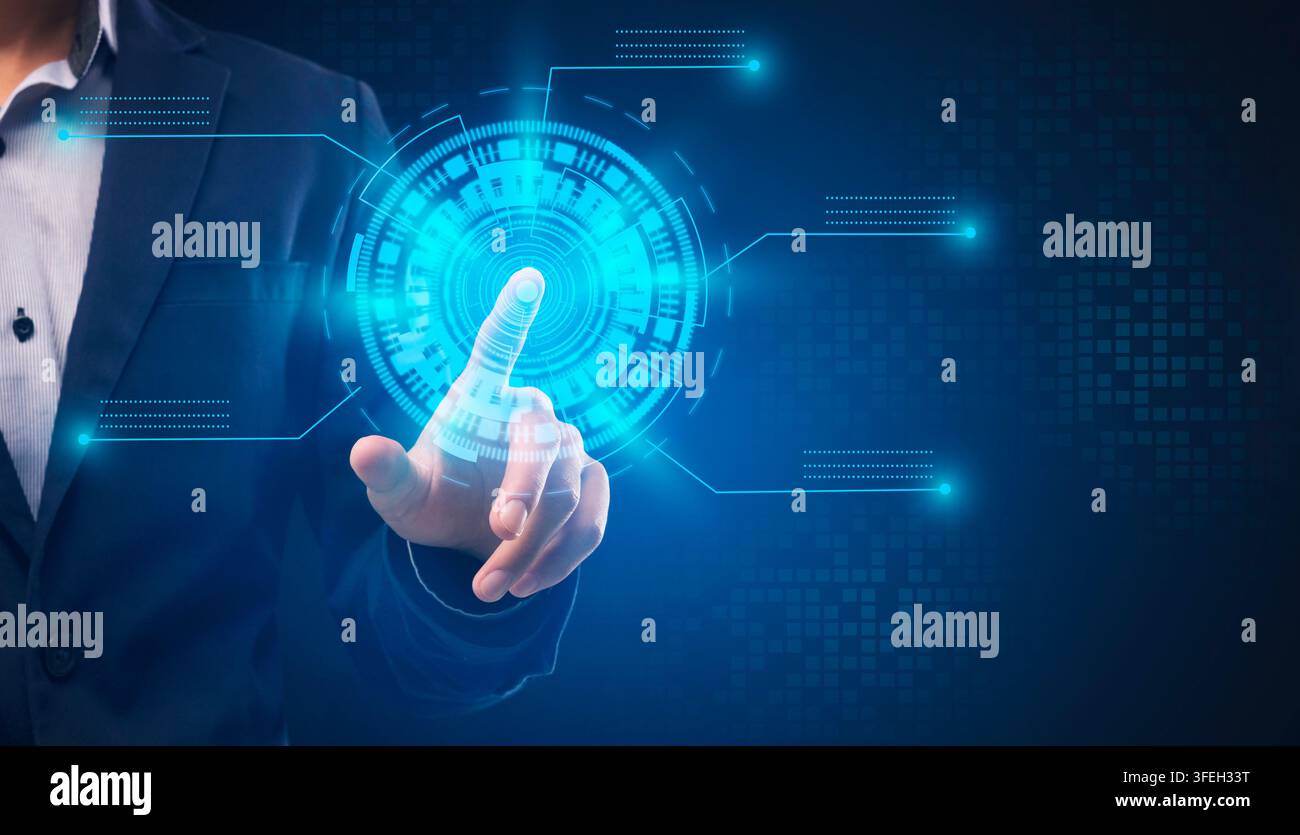 Businessman Scanning Fingerprint For Identification Touching Virtual Panel, Blue Background Stock Photo