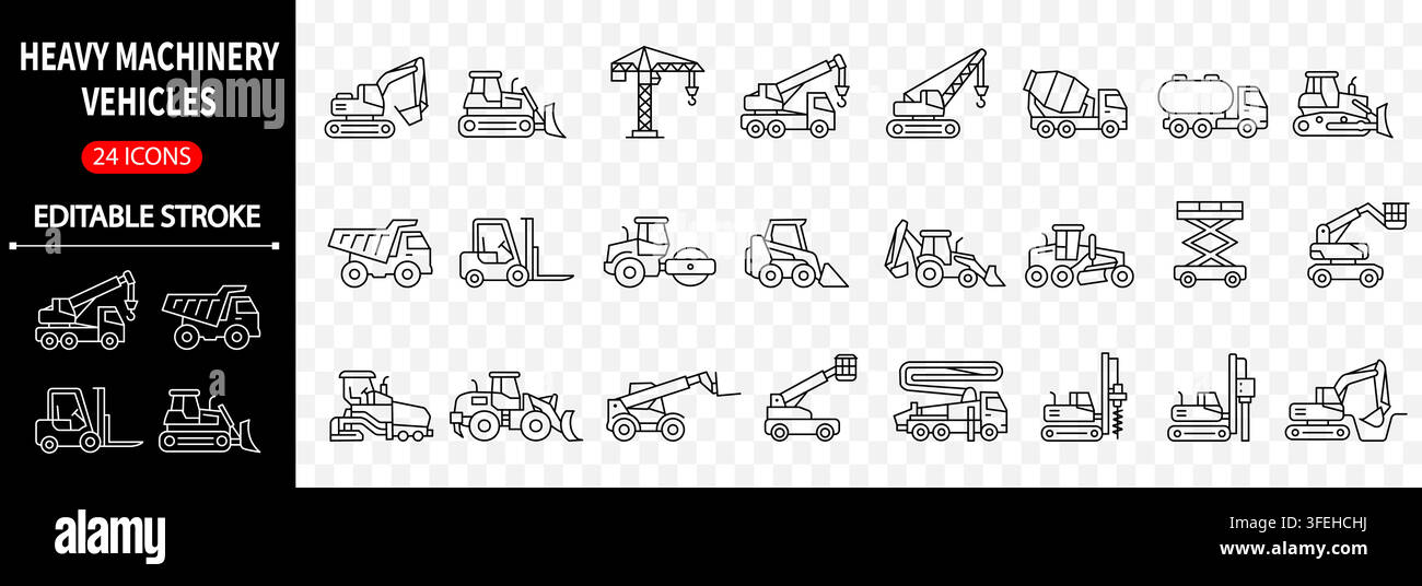 Heavy Machinery Vehicles Editable Stroke Vector Icon Set for Construction Stock Vector