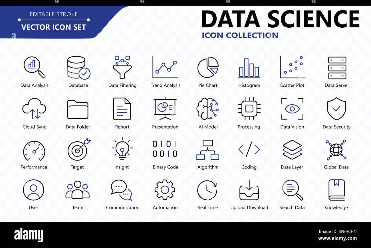 Professional Data Analytics Outline Icon Collection for Business Technology Stock Vector
